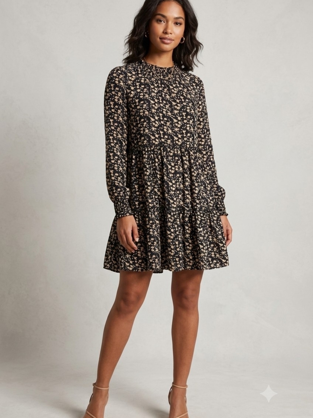 Hayden Los Angeles Black Floral Tiered Long-Sleeve Mini Dress